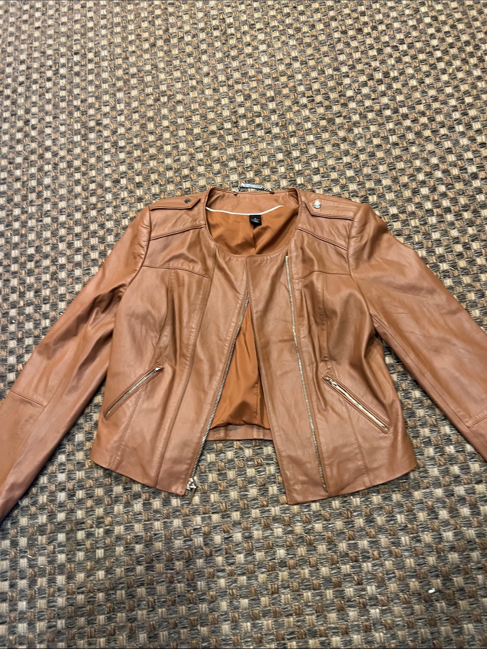 Women's Cropped Faux Leather Jacket - Cognac Brown medium